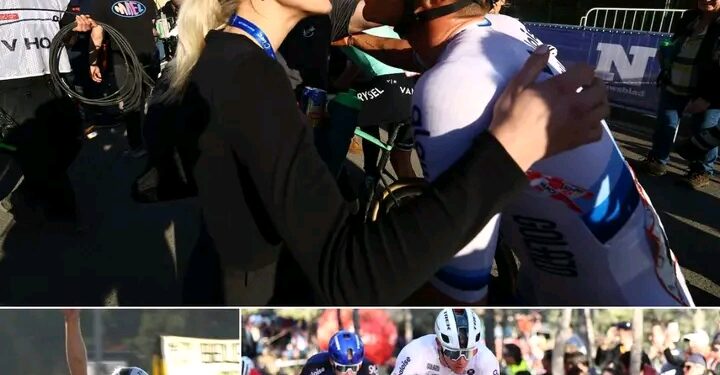 Post-race procedure, Thibau Nys na het winnen in Benidorm en het betreden van het podium