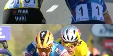 Wout van Aert deelt een moment met Remco Evenepoel om hem te feliciteren met zijn overwinning bij zijn terugkeer in de wielersport. 👏❤️