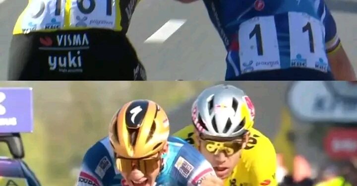 Wout van Aert deelt een moment met Remco Evenepoel om hem te feliciteren met zijn overwinning bij zijn terugkeer in de wielersport. 👏❤️